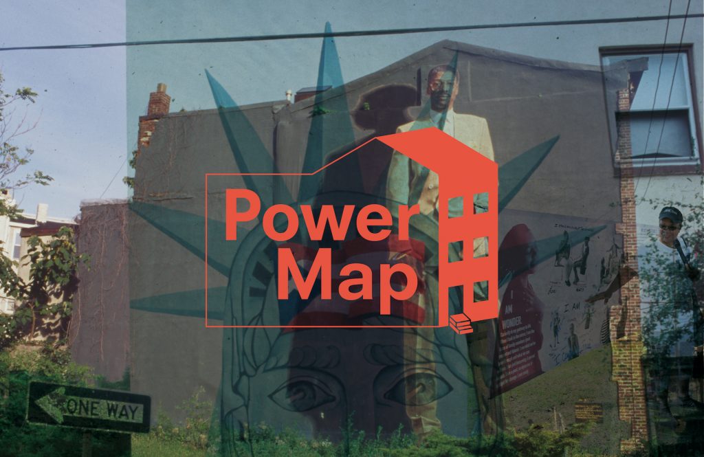 Graphic overlay of "Power Map" on a mural with a Statue of Liberty backdrop.