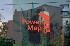 Graphic overlay of "Power Map" on a mural with a Statue of Liberty backdrop.