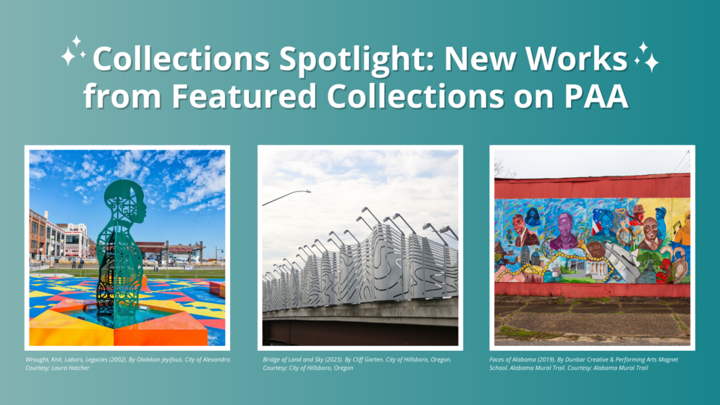 Collections Spotlight: New Works from Featured Collections on PAA placed on top of a blue/green background with three public art images right below.