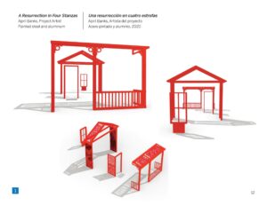 Red metal frames resembling house outlines.