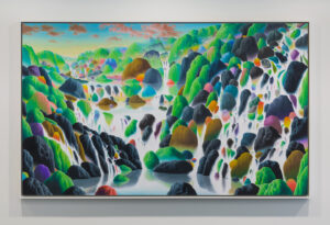 Colorful abstract landscape with multicolored hills and waterfalls.