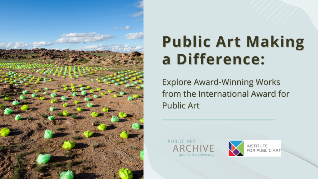 A landscape with green objects and text about public art.